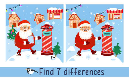 Santa Claus carries letter to mailbox. Find 7 differences. Game for children. Activity, vector. Vector illustrationのイラスト素材