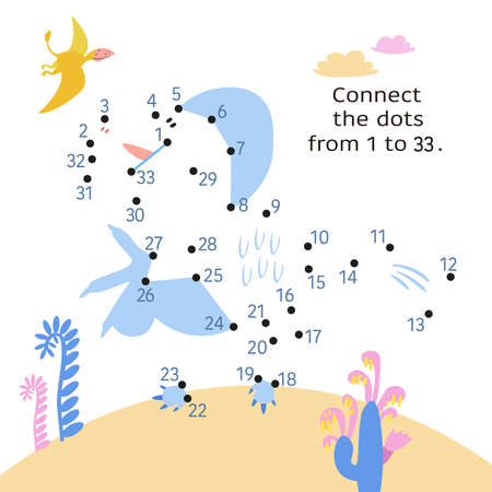 Dino in jurassic park. Dot to Dot. Connect the dots from 1 to 20. Game for kids. Vector illustration. Vector illustrationのイラスト素材