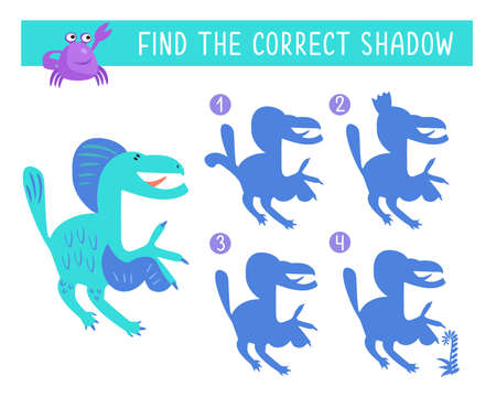Find the correct shadow. Dino in Jurassic forest. Game for children. Activity, vector illustration. Vector illustrationのイラスト素材
