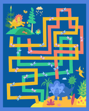 Help dinosaur meet his friend. Follow path where he will meet 10 dragonflies. Dinosaurs in Jurassic Park. Maze game for children. Full color hand drawing vector illustration. Vector illustrationのイラスト素材