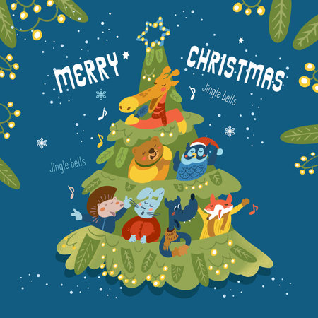 Merry Christmas card poster. New year tree with cute animals, snow and garlands. Vector hand-drawn illustration. Vector illustrationのイラスト素材