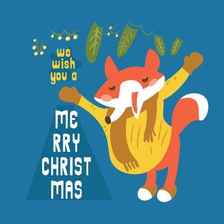 Merry Christmas lettering. Cute fox sings song, letters and elements in flat cartoon style. Hand drawn vector illustration for cards, greetings, prints, labels, posters. Isolated character. Vectorのイラスト素材