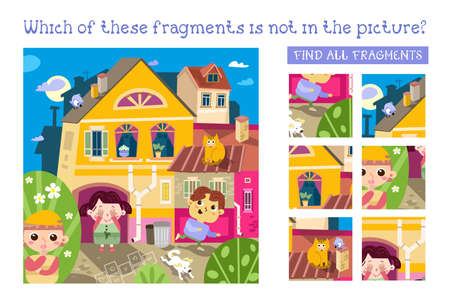 Cute kids play hide and seek. Find all fragments. Game for children. Cartoon character vector illustration. Vector illustrationのイラスト素材