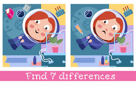 Girl astronaut near plant on space station. Find 5 differences. Game for children. Characters in cartoon style. Vector full color illustration. Vector illustrationのイラスト素材