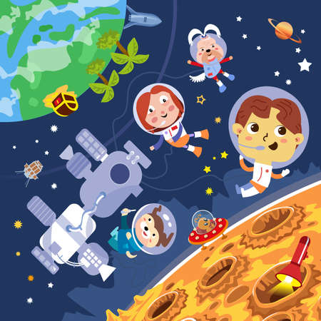 Children astronauts near space station and moon. Character in cartoon style for design. Vector illustrations, full color. Vector illustrationのイラスト素材