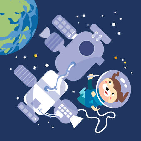 Dog astronaut near space station. Character in cartoon style. Vector illustrations, full color. Vector illustrationのイラスト素材