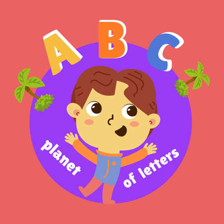 ABC planet of letters. Logo with cute boy. Poster for kids. Character in cartoon style. Color vector illustration. Vector illustrationのイラスト素材