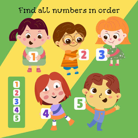 Find all numbers in order. Set of children with cards. Character in cartoon style for design. Vector illustrations, full color. Vector illustrationのイラスト素材