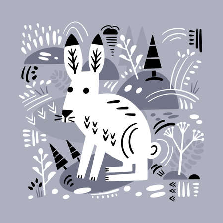 Cute decorative animal hare and forest elements. Scandinavian hand drawn pattern. Vector illustration. Vector illustrationのイラスト素材