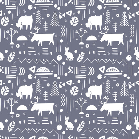 Cute animals in forest. Decorative silhouettes elements of wolf fox bear for textile and background. Printing on fabric and paper. Seamless pattern in scandinavian style. Vector illustration. Vector illustrationのイラスト素材