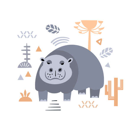 Cute decorative hippo. Animals of Africa. Scandinavian hand drawn vector illustration for design, printing. Minimalistic geometric icon. Vector illustrationのイラスト素材