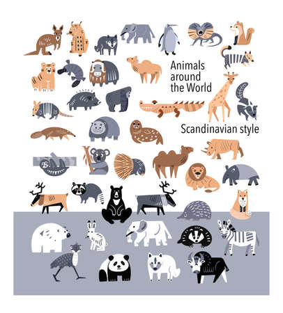 Set of cute animals and plants from all countries and world. Isolated icons in scandinavian style. Vector illustration. Vector illustrationのイラスト素材