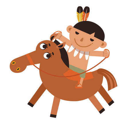 Funny red Indian boy rides horse. Cute cartoon character. Vector illustration for children games, book design. Vector illustrationのイラスト素材