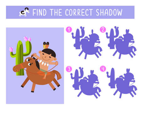 Find the correct shadow. Funny Red Indian boy rides horse. Game for children. Activity, vector illustration. Vector illustrationのイラスト素材