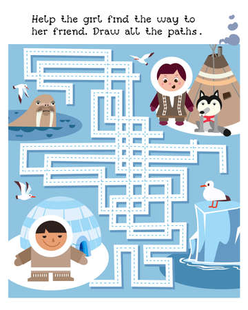Help girl find way to her friend. Draw all paths. Maze game activity for kids. vector illustration. Vector illustrationのイラスト素材