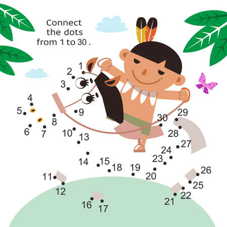 Funny Red Indian boy rides horse. Activity page for kids. Educational game. Connect dots from 1 to 30. Vector illustrationのイラスト素材