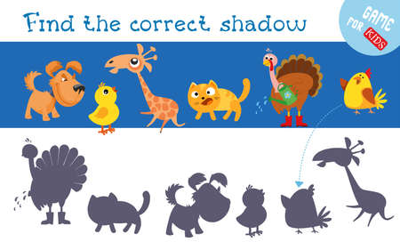 Find correct shadow. Cute animal characters. Educational game for children. Activity, vector illustration. Vector illustrationのイラスト素材