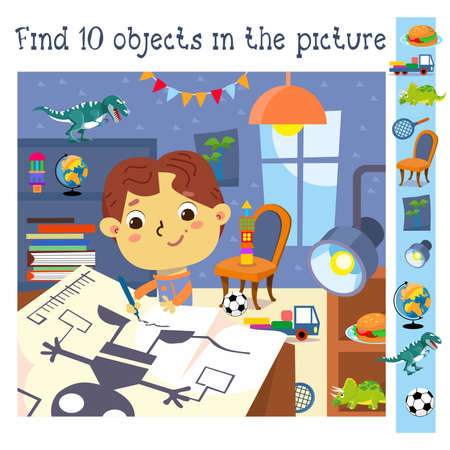 Find 10 hidden objects. Educational game for children. Cute boy draws models of robot. Cartoon character. Vector illustration. . Vector illustrationのイラスト素材