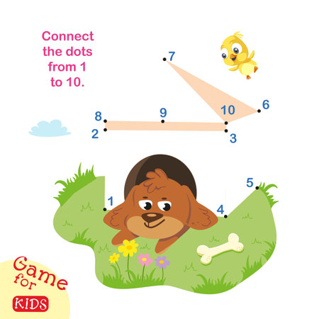 Connect dots from 1 to 10. Educational game. Puppy in dog house. Activity page for kids. Vector illustration. Vector illustrationのイラスト素材