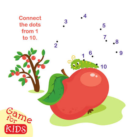 Connect dots from 1 to 10. Educational game. Butterfly on apple. Activity page for kids. Vector illustration. Vector illustrationのイラスト素材