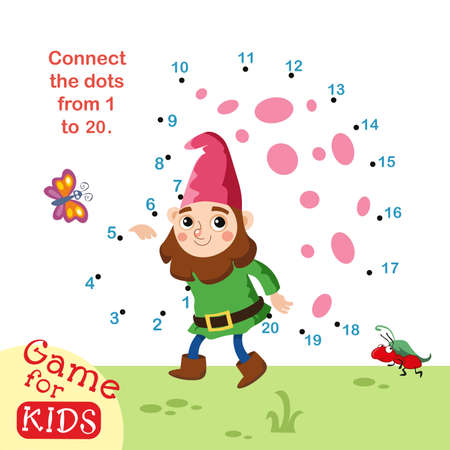 Connect dots from 1 to 20. Educational game. Gnome with mushroom. Activity page for kids. Vector illustration. Vector illustrationのイラスト素材