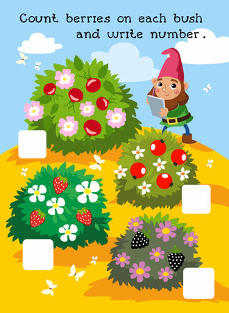 Count and write number. Math game for children. Cartoon character landscape picture. Vector illustration. Vector illustrationのイラスト素材