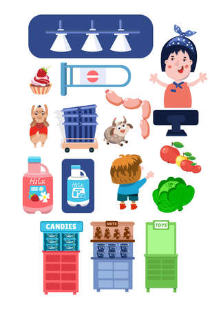 Set cartoon characters, food market items. Vector colored isolated illustrations for design on white background. Cute boy, dog, woman in store. Vector illustrationのイラスト素材