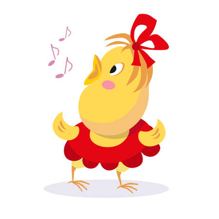 Cute little chick girl in dress sings song. Vector color illustration. Picture for design of cards, posters, games. . Vector illustrationのイラスト素材