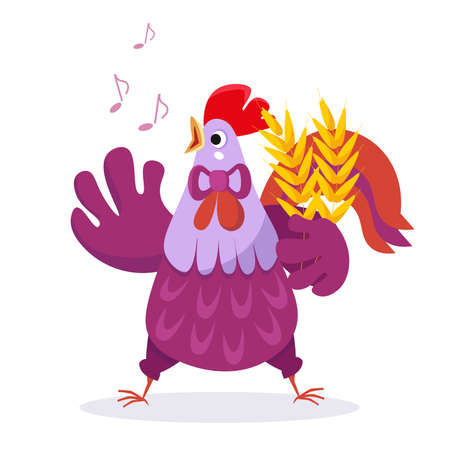 Smart cute cockerel sings. Vector color illustration. Picture for design of posters, games, puzzles. . Vector illustrationのイラスト素材