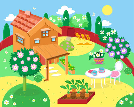 Wooden two-story cottage with garden, courtyard and flowers in cartoon style. Background with summer trees for design. Vector color illustration. Vector illustrationのイラスト素材