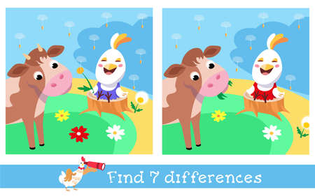 Find 7 differences. Game for children. Activity, vector illustration. Cute calf and chicken in summer meadow. Vector illustrationのイラスト素材