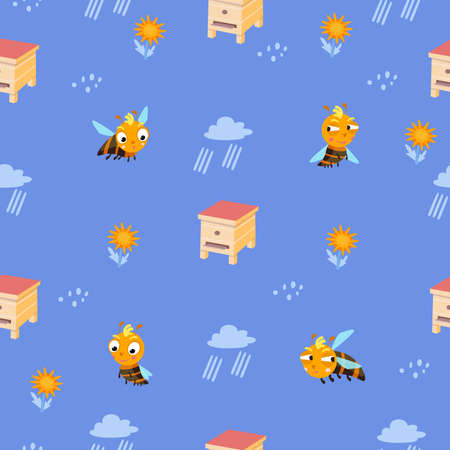Seamless pattern for design. Nature in summer, cute bees fly near beehive. Cartoon style for fabric, background. Vector illustration. Vector illustrationのイラスト素材