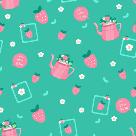 Seamless pattern with strawberries and watering can in bright colors. Cartoon style for fabric, background. Vector illustrationのイラスト素材