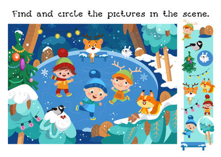 Find and circle objects. Educational game for children. Cute boys and girls are skating in winter. Animal in forest. Winter scene in cartoon style. Vector illustration. Vector illustrationのイラスト素材