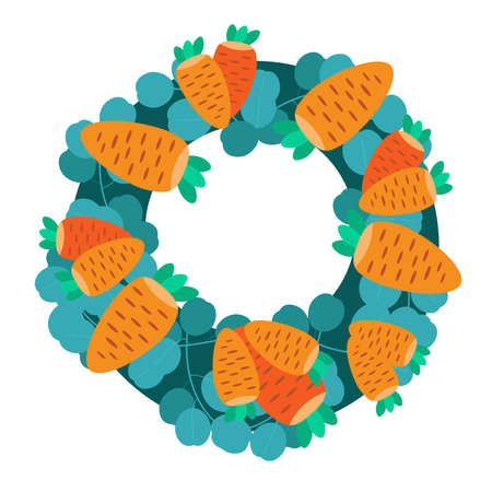 Christmas wreath with eucalyptus leaves and carrots. Stylized drawing in flat style. Vector hand drawn illustration. Vector illustrationのイラスト素材