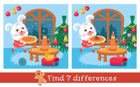 Find 7 differences. Game for children. Cute mother rabbit in dress and apron carries Christmas cake. Vector illustration. Vector illustrationのイラスト素材