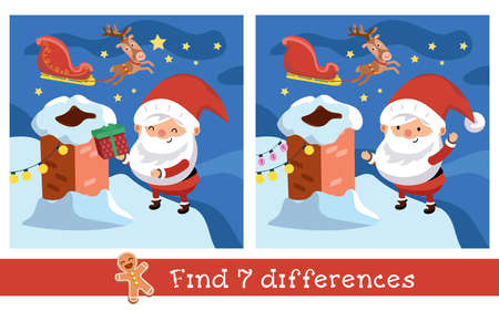 Find 7 differences. Game for children. Cute Santa Claus with gift near brick chimney on roof on Christmas night. Vector illustration. Vector illustrationのイラスト素材