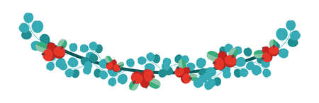 Christmas garland with eucalyptus branches and forest red berries. Stylized drawing in flat style. Vector hand drawn illustration. Vector illustrationのイラスト素材