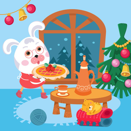 Cute mother rabbit in dress and apron carries Christmas cake. Decorated Christmas tree stands near window. Character on bright background. Single composition, scene in cartoon style. Vectorのイラスト素材