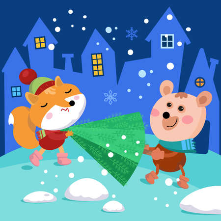 Cute bear and fox are carrying Christmas tree. Cartoon characters on street in city. Single composition, scene on colored background. Vector illustration. Vector illustrationのイラスト素材