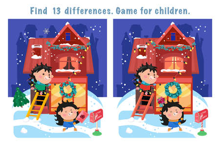 Find 13 differences. Game for children. Cute hedgehogs decorate house with light garland and carry letter for Santa Claus. House, buildings, mailbox, Christmas Eve in village. Vector illustrationのイラスト素材