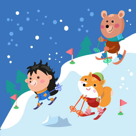 Cute bear and fox, hedgehog in cartoon style. Forest animals on skis. Funny characters on the mountain in winter. Vector illustration. Vector illustrationのイラスト素材