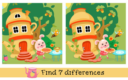 Find 7 differences. Game for children. Fairy tale ceramic teapot house with cute bunny and berry pie. Vector illustration. Vector illustrationのイラスト素材