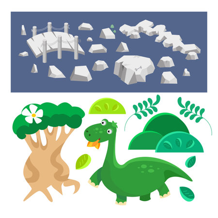 Set of objects for cards and scenes with dinosaurs. Stones, bridge and plants. Isolated elements for games, posters. Vector illustration. Vector illustrationのイラスト素材