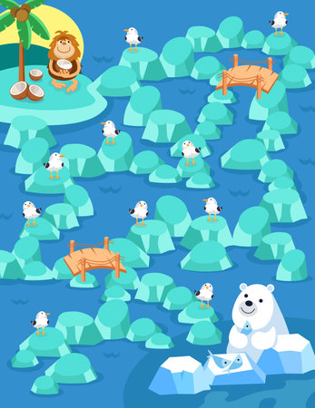 Maze with sea and animals. Activity for children. Puzzle game for kids. Help the monkey get to the bear. On the way she must meet 7 seagulls. Vector illustration. Vector illustrationのイラスト素材