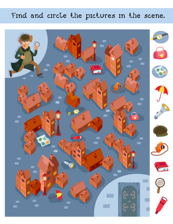 Find and circle 10 hidden objects. Educational puzzle for children. Vector illustration. Help the detective get into the castle. Vector illustrationのイラスト素材