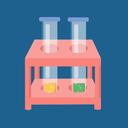 Test tubes with liquid in stand. Tools for laboratory science and medical experiments. Vector isolated illustration in cartoon style for design. Vector illustrationのイラスト素材