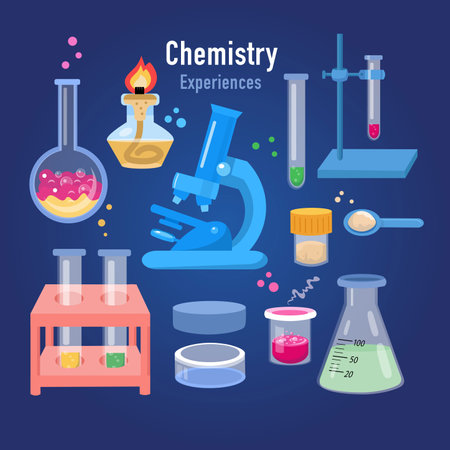 Set of items for chemical experiments. Microscope, spirit lamp, tripod and test tubes in cartoon flat style. Tools for laboratory and medical tests. Vector isolated illustration for design. Vector illustrationのイラスト素材