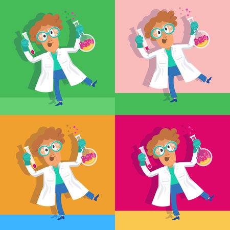 Chemical scientist with test tube and flask. Tools for experiments. Character in cartoon style. Vector illustration. Vector illustrationのイラスト素材