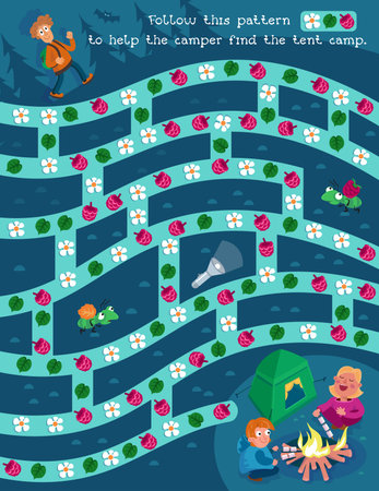 Maze for children. Puzzle game with cute characters. Follow this pattern to help the camper find the tent camp. Vector illustration. Vector illustrationのイラスト素材